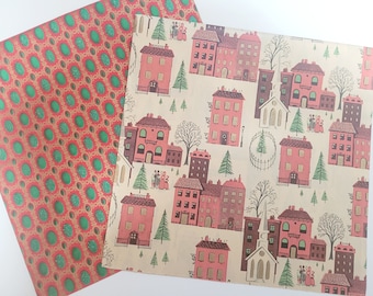Curated Set Vintage Gift Wrap - Christmas Village - Full Sheets Wrapping Paper - Christmas Village and Glitter Art Deco - Tie Tie
