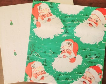 Curated Set Vintage Wrapping Paper - Jolly Red Cheeked Santa Claus and Embossed Tree Gift Wrap - Two Sheets Full Sheet Gift Wrap one flawed