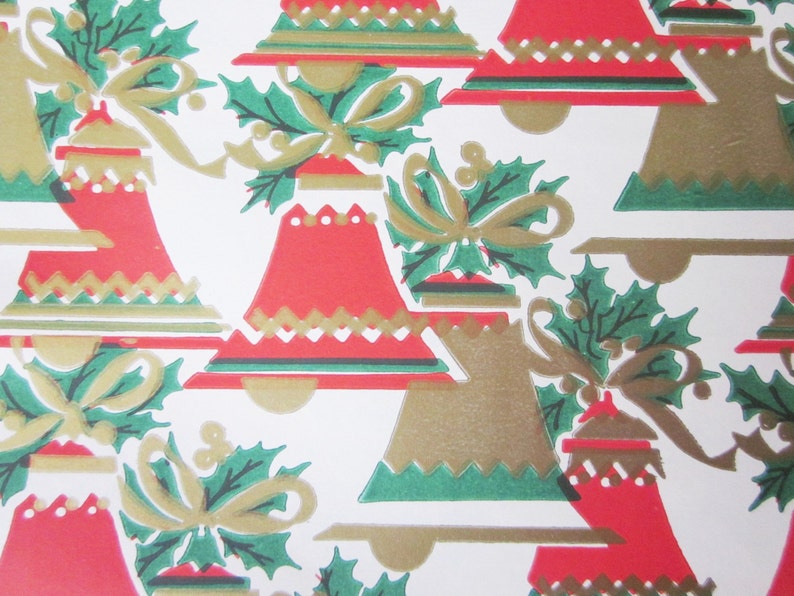 Vintage Wrapping Paper Christmas Bells With Holly Gift Wrap Etsy
