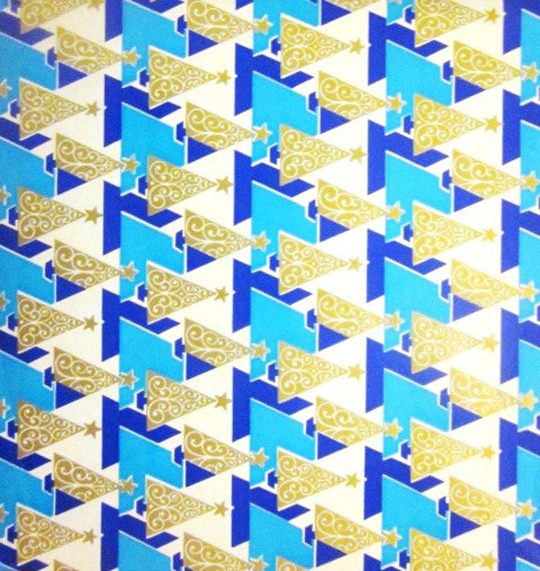 Vintage Wrapping Paper Full Sheet Blue Christmas Tree Gift Etsy