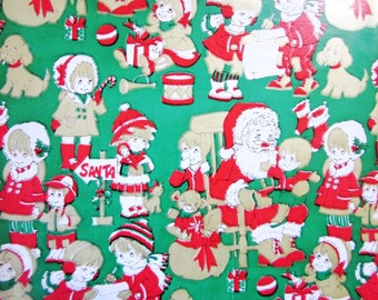 Vintage Wrapping Paper - Waiting for Santa Claus Gift Wrap - Full Sheet Christmas Wrap with gold leaf Accents