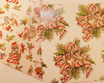 Curated Set Vintage Wrapping Paper - Mouse Christmas Gift Wrap - Two Full sheets - Festive Mice
