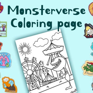 Peut inclure: Une page à colorier avec le texte "Monsterverse Coloring page" présente une illustration en noir et blanc d'une scène de carnaval avec une grande roue et un monstre. Des autocollants de monstres de dessins animés colorés entourent la page.