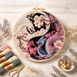 Kit de bordado de dragón DIY: Arte floral en bastidor