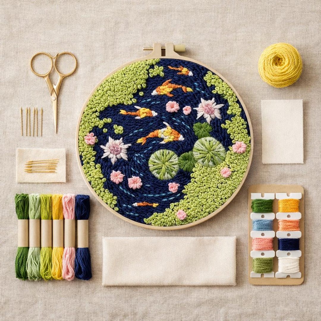 Koi Pond Embroidery Kit – Floral Water Garden, Beginner Needlework - Etsy