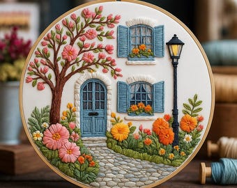 Kit de bordado floral de cabaña para principiantes, juego de bordado a mano DIY