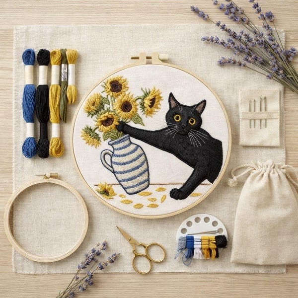 Black Cat Sunflower Embroidery Kit DIY
