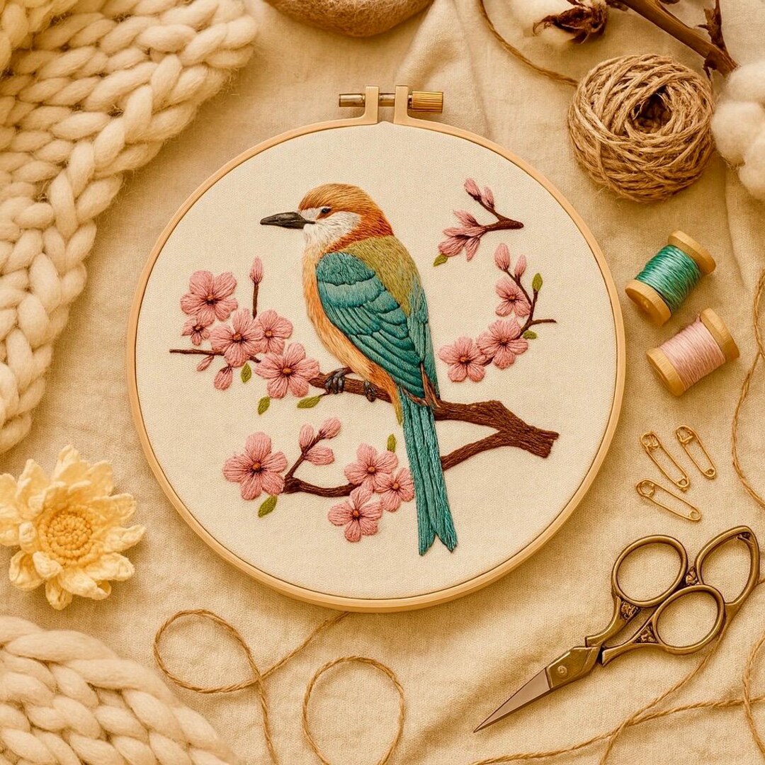 Bird & Cherry Blossom Embroidery Kit – Beginner Hand Stitching - Etsy