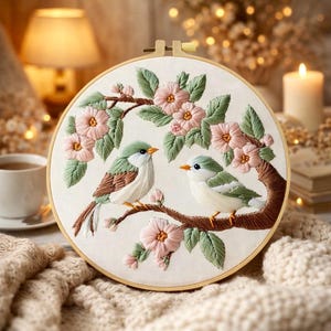 Birds & Cherry Blossoms Embroidery Kit – Hand Embroidery Hoop Pattern