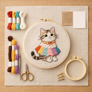 Op de afbeelding: Borduurpakket met een kattenontwerp. De kit bevat een voorgedrukte stof in een houten borduurring, kleurrijk borduurgaren, naalden, een schaar en extra borduurringen. De kat draagt een regenboogjurk.