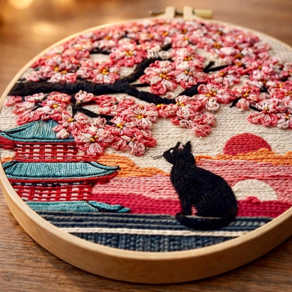 Cherry Blossom Black Cat Embroidery Kit – Japanese Sunset DIY Hoop Art ...