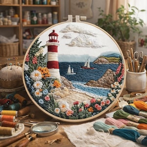 May include: Embroidered hoop art depicting a coastal scene with a red and white striped lighthouse, sailboats, and colourful flowers. The artwork is set against a blue ocean and sandy beach, showcasing detailed stitching.