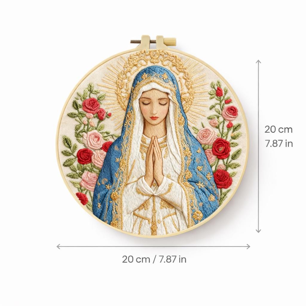 アンティーク バプテスマの聖ヨハネと羊と薔薇 ニードルポイント 手刺繍 額付 DIY Virgin Mary Embroidery Kit – Floral Catholic Needlepoint Hoop