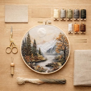 Kit de broderie paysage de montagne – Travaux d'aiguille pour débutants