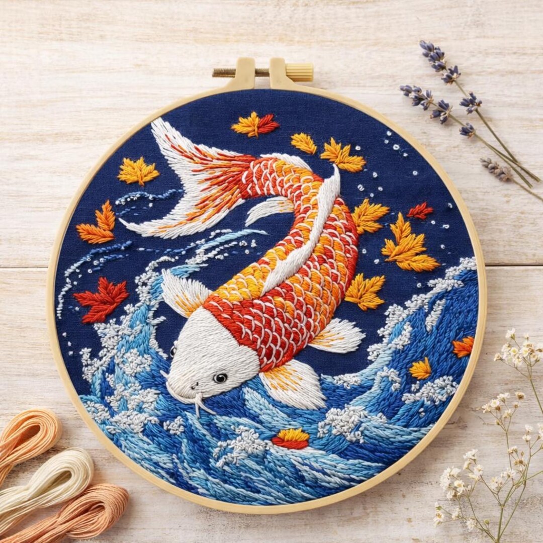 DIY Koi Fish Embroidery Kit – Beginner Friendly Handmade Hoop Art Craft ...