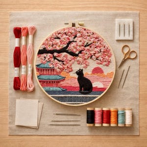 Könnte beinhalten: Ein Stickrahmen mit einer Kirschblüten-Szene, einer schwarzen Katze und einer Pagode. Stickgarn in Rot-, Rosa- und Schwarztönen sowie Nadeln und Scheren umgeben den Rahmen. Die Bastelmaterialien sind auf einem neutralen Leinenstoff angeordnet.