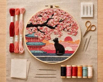 Op de afbeelding: Een borduurring met een kersenbloesemscène, een zwarte kat en een pagode. Borduurgaren in rood, roze en zwart, plus naalden en scharen, omringen de ring. De knutselbenodigdheden zijn gerangschikt op een neutrale linnen stof.