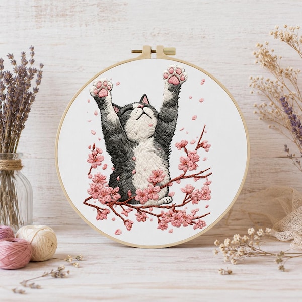 Cat Embroidery Kit – Cherry Blossom Needlepoint Craft (Beginner Friendly)