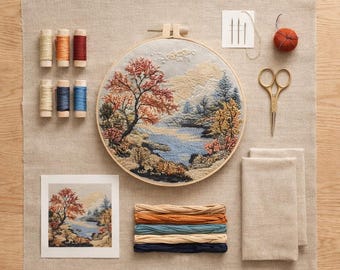 May include: An embroidery kit featuring a landscape scene with a lake and trees in autumn colors. The kit includes a wooden hoop, needles, scissors, thread, and a small print of the design. The color palette includes shades of blue, orange, and beige.