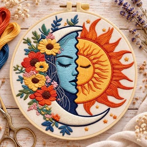 Sun and Moon Embroidery Kit – Celestial Floral DIY Needlework, Beginner Craft Gift