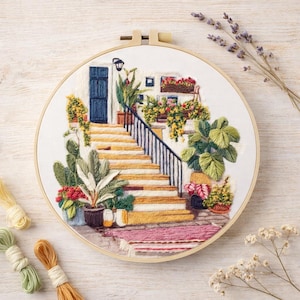 Embroidery Kit DIY Cottage Scene – Floral Needlework Craft Kit