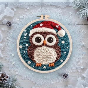 May include: An embroidered owl wearing a red and white Santa hat, set within a wooden hoop. The owl has brown and white textured feathers, large black eyes, and orange feet. The background is teal with white snowflake accents, perfect for Christmas.