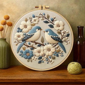 Puede incluir: Un bastidor de bordado redondo con dos pájaros azules posados en una rama, rodeados de flores blancas y azules. Los pájaros tienen vientres blancos y alas azules detalladas. El bordado está sobre una tela gris claro.
