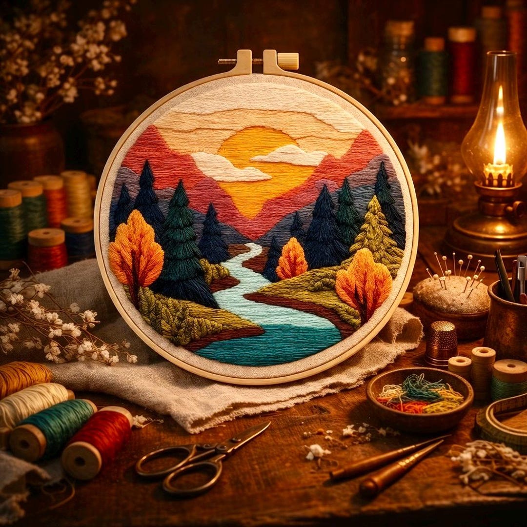Scenic Nature Landscape Embroidery Kit Beginner Sunset Mountain Pattern ...