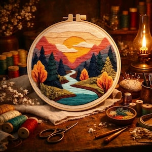 Puede incluir: Un bastidor de bordado redondo con una escena de paisaje con una puesta de sol, montañas, árboles y un río. El bordado utiliza varios colores de hilo. La escena está sobre una mesa de madera con carretes de hilo, tijeras y otros suministros de artesanía.