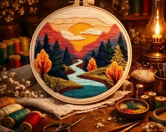 May include: A round embroidery hoop featuring a landscape scene with a sunset, mountains, trees, and a river. The embroidery uses various colors of thread. The scene is set on a wooden table with spools of thread, scissors, and other craft supplies.