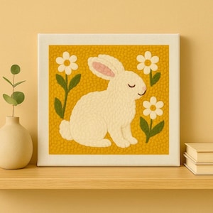 May include: A square canvas artwork depicting a white rabbit with pink ears and closed eyes, set amongst white daisies with green stems and leaves. The background is textured yellow, with a white border around the canvas.