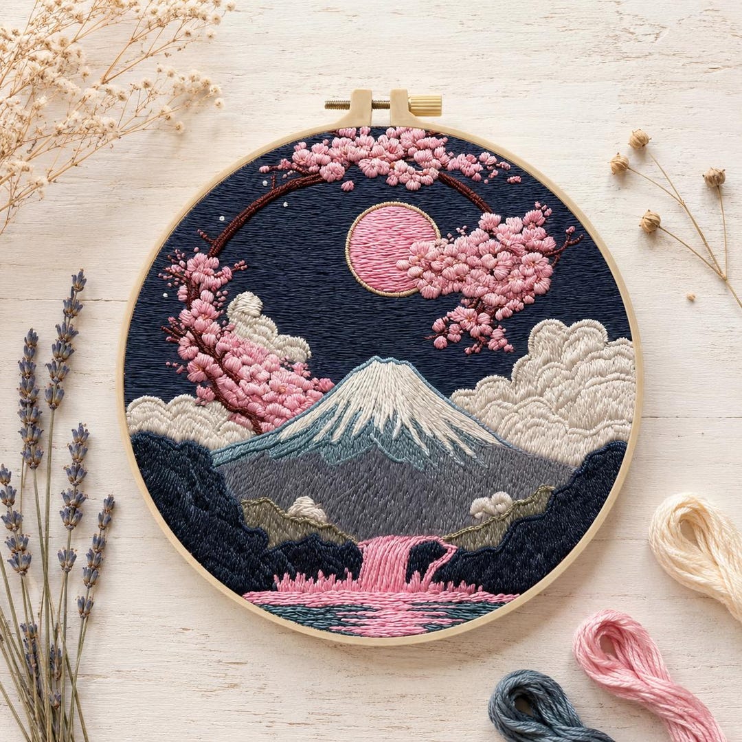 Cherry Blossom Mountain Embroidery Kit – DIY Japanese Landscape Hoop ...