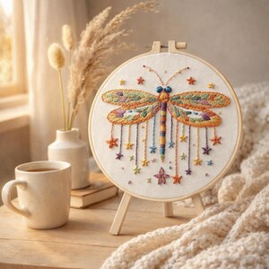 May include: A round embroidery hoop features a colorful dragonfly design. The dragonfly has orange, green, and purple wings, with a striped body. Star-shaped embellishments hang below. The hoop is displayed on a small wooden easel.