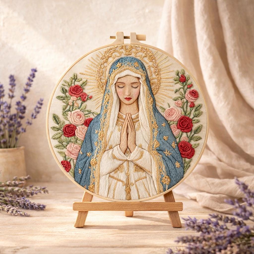 DIY Virgin Mary Embroidery Kit – Floral Catholic Needlepoint Hoop