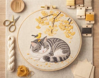 Puede incluir: Un bastidor de bordado terminado con un gato gris y blanco durmiendo con un pájaro amarillo en la cabeza. El diseño incluye hojas de ginkgo amarillas. Los suministros de bordado, incluyendo tijeras, agujas e hilo, rodean el bastidor.