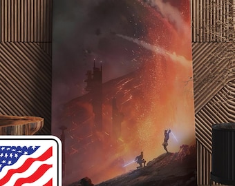 May include: A canvas print depicting a sci-fi battle scene with two figures wielding blue lightsabers against a fiery backdrop. The print is set against a wooden wall, with a "MADE IN U.S.A." sticker in the corner.