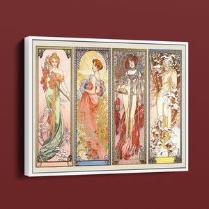 Peut inclure: Une impression d'art encadrée présentant quatre panneaux Art nouveau représentant les saisons. Chaque panneau montre une femme en robes fluides avec des éléments floraux et naturels aux couleurs pastel douces.