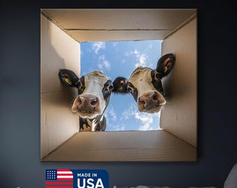 Two Cows Sticking Heads in Box Canvas Wall Art, Fun Cow Artwork