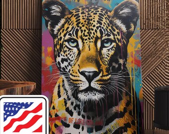 Leopard Pop Art Portrait Canvas Wall Art, Street Art Graffiti Jaguar Print
