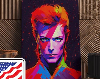 Puede incluir: Un vibrante retrato pop art de una persona con llamativos ojos azules y cabello rojo y naranja. La obra presenta una paleta colorida con un fondo oscuro y una pegatina "MADE IN U.S.A.".