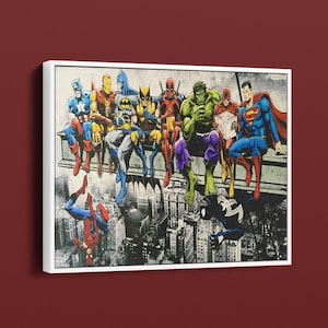 May include: A framed print featuring a comic book-style illustration of various superheroes, including Captain America, Batman, and Superman, seated on a beam overlooking a cityscape. The artwork is vibrant with bold colors and dynamic poses.