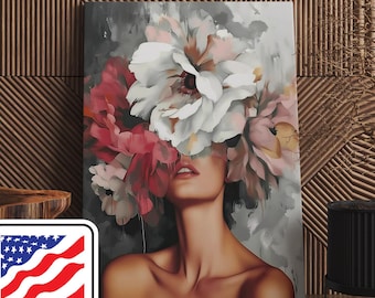 Floral Woman Poster, Flowers Canvas Print, Floral Head Canvas Painting, Ready to Hang