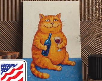 Cat with Wine Retro Bar Cart Decor, Funny Decor Canvas Or Poster
