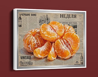 みかんの絵 オレンジの絵 オリジナル油絵 柑橘類の絵 新聞紙アート