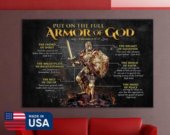 May include: A large wall art print depicting a golden armored figure with a sword and shield, accompanied by text from Ephesians 6:11-17. The artwork is displayed above a red sofa, with a "Made in USA" sticker in the lower left corner.