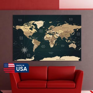 クラシックな世界地図ウォールアート - 黒キャンバスに描かれた黄金の世界地図 - リビングルームの壁装飾用マルチパネル ワンダーラストプリント