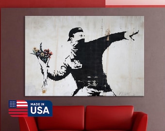 Banksy Flower Thrower Canvas Wall Art, Printed Smooth Surface, Popart Graffiti Framed Poster