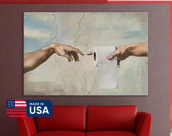 Creation of Toilet Paper Canvas Art Print, Michelangelo Parody Wall Art, Funny Bathroom Decor, Classic Art Humor Funny Bathroom Poster