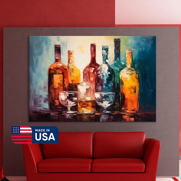 Peut inclure: Peinture abstraite de bouteilles de vin dans des tons orange, marron et bleu. Deux verres à vin sont devant les bouteilles. La peinture est accrochée au-dessus d'un canapé rouge. L'inscription "MADE IN USA" figure sur un autocollant.
