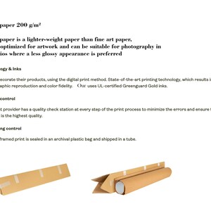 Puede incluir: Imagen que muestra detalles sobre papel mate, tecnolog&iacute;a de impresi&oacute;n y embalaje. El texto describe el gramaje del papel, los m&eacute;todos de impresi&oacute;n y las medidas de control de calidad. Tambi&eacute;n se muestran dos paquetes de cart&oacute;n marr&oacute;n.